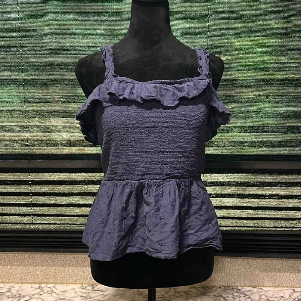 Old Navy Blue Sleeveless Fitted Waist‎ Ruffle-Trim Embroider Babydoll Blouse MED